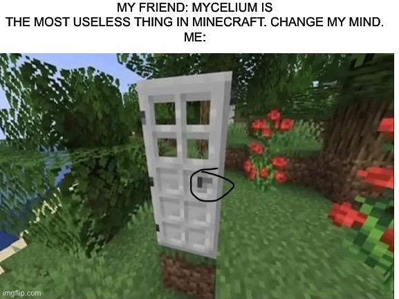 If you ever feel useless, just remember door handles on iron doors exist |  MY FRIEND: MYCELIUM IS THE MOST USELESS THING IN MINECRAFT. CHANGE MY MIND.
ME: | image tagged in useless,memes,funny memes | made w/ Imgflip meme maker