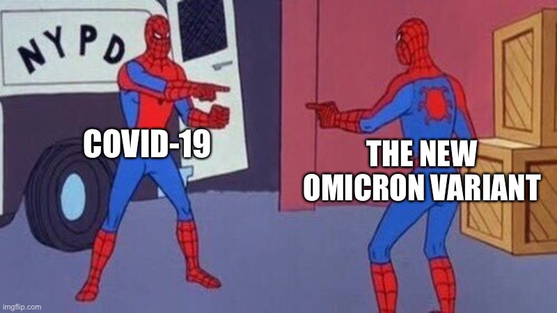 spiderman pointing at spiderman | COVID-19; THE NEW OMICRON VARIANT | image tagged in spiderman pointing at spiderman | made w/ Imgflip meme maker