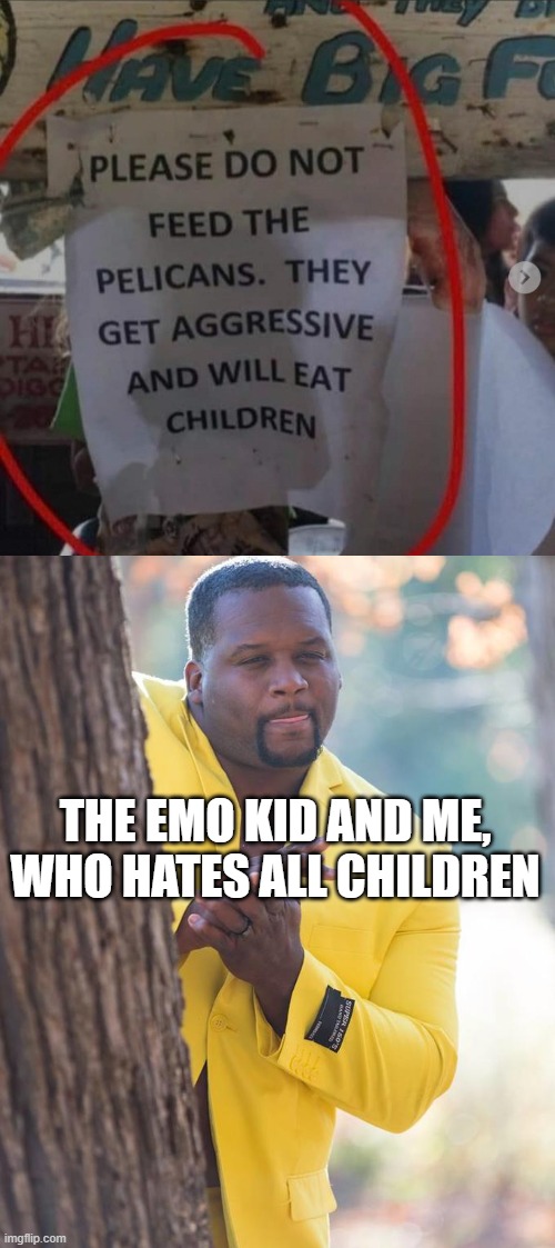 Pelicans, am i right? | THE EMO KID AND ME, WHO HATES ALL CHILDREN | image tagged in anthony adams rubbing hands | made w/ Imgflip meme maker