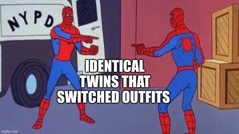 God save the parents | IDENTICAL TWINS THAT SWITCHED OUTFITS | image tagged in spiderman pointing at spiderman | made w/ Imgflip meme maker