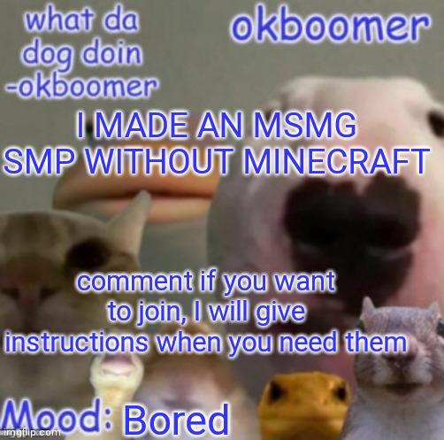 Okboomer template v4 (credit to yeetrex) | I MADE AN MSMG SMP WITHOUT MINECRAFT; comment if you want to join, I will give instructions when you need them; Bored | image tagged in okboomer template v4 credit to yeetrex | made w/ Imgflip meme maker
