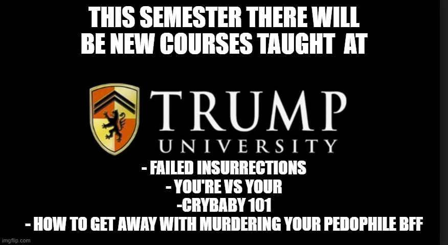 Trump University Logo | THIS SEMESTER THERE WILL BE NEW COURSES TAUGHT  AT; - FAILED INSURRECTIONS
- YOU'RE VS YOUR
-CRYBABY 101
- HOW TO GET AWAY WITH MURDERING YOUR PEDOPHILE BFF | image tagged in trump university logo | made w/ Imgflip meme maker