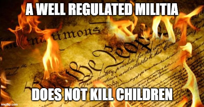 well regulated militia | A WELL REGULATED MILITIA; DOES NOT KILL CHILDREN | image tagged in constitution in flames | made w/ Imgflip meme maker