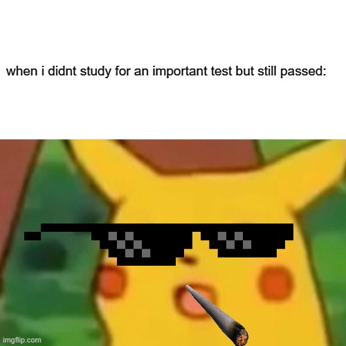 *happiness noises* | when i didnt study for an important test but still passed: | image tagged in memes,surprised pikachu,funny because it's true,so true memes,thug life,funny | made w/ Imgflip meme maker