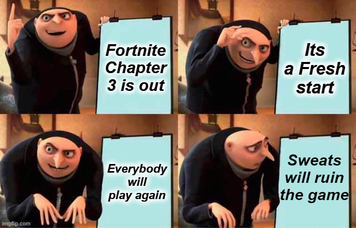 Good to bad | Fortnite Chapter 3 is out; Its a Fresh start; Sweats will ruin the game; Everybody will play again | image tagged in memes,gru's plan | made w/ Imgflip meme maker