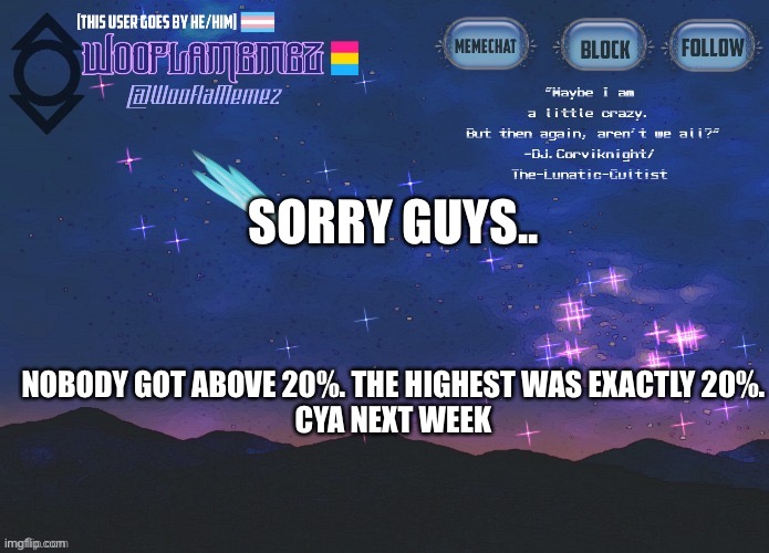 ;( | SORRY GUYS.. NOBODY GOT ABOVE 20%. THE HIGHEST WAS EXACTLY 20%.
CYA NEXT WEEK | image tagged in wooflamemez announcement template | made w/ Imgflip meme maker