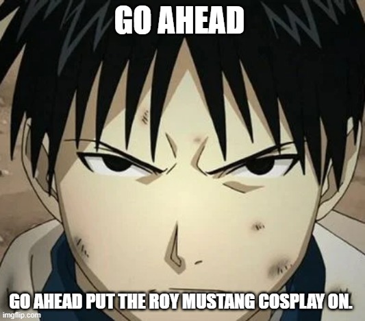 E | GO AHEAD; GO AHEAD PUT THE ROY MUSTANG COSPLAY ON. | image tagged in roy's famous scowl | made w/ Imgflip meme maker