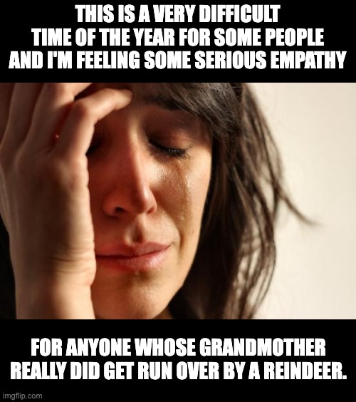 Empathy | THIS IS A VERY DIFFICULT TIME OF THE YEAR FOR SOME PEOPLE AND I'M FEELING SOME SERIOUS EMPATHY; FOR ANYONE WHOSE GRANDMOTHER REALLY DID GET RUN OVER BY A REINDEER. | image tagged in memes,first world problems | made w/ Imgflip meme maker