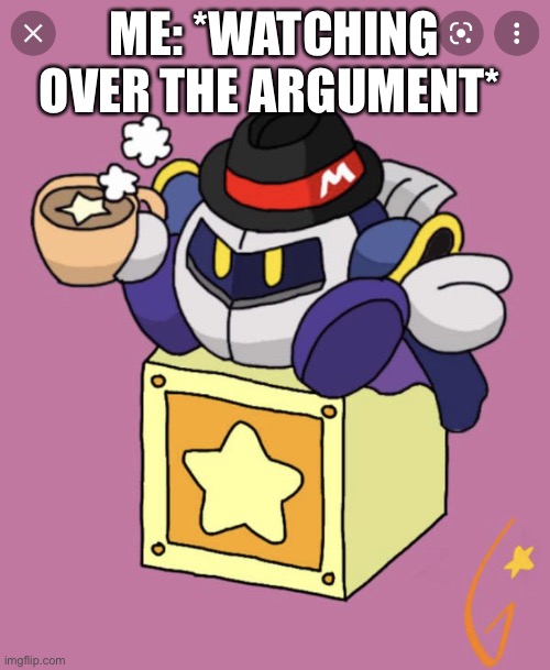 Meta Knight having a cup of tea | ME: *WATCHING OVER THE ARGUMENT* | image tagged in meta knight having a cup of tea | made w/ Imgflip meme maker