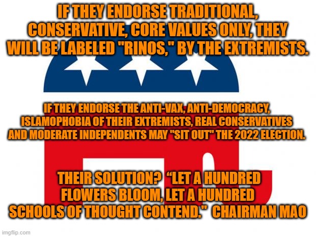 It's a TKO for the extremists! | IF THEY ENDORSE TRADITIONAL, CONSERVATIVE, CORE VALUES ONLY, THEY WILL BE LABELED "RINOS," BY THE EXTREMISTS. IF THEY ENDORSE THE ANTI-VAX, ANTI-DEMOCRACY, ISLAMOPHOBIA OF THEIR EXTREMISTS, REAL CONSERVATIVES AND MODERATE INDEPENDENTS MAY "SIT OUT" THE 2022 ELECTION. THEIR SOLUTION?  “LET A HUNDRED FLOWERS BLOOM, LET A HUNDRED SCHOOLS OF THOUGHT CONTEND."  CHAIRMAN MAO | image tagged in politics | made w/ Imgflip meme maker