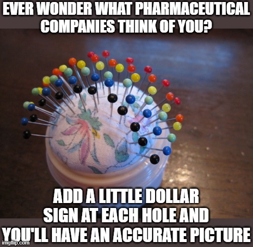 pin cushion | EVER WONDER WHAT PHARMACEUTICAL COMPANIES THINK OF YOU? ADD A LITTLE DOLLAR SIGN AT EACH HOLE AND YOU'LL HAVE AN ACCURATE PICTURE | made w/ Imgflip meme maker