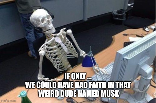 Skeleton at desk/computer/work | IF ONLY ...

WE COULD HAVE HAD FAITH IN THAT
 WEIRD DUDE NAMED MUSK | image tagged in skeleton at desk/computer/work | made w/ Imgflip meme maker