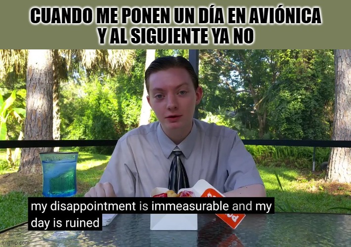 My disappointment is unmeasurable | CUANDO ME PONEN UN DÍA EN AVIÓNICA
Y AL SIGUIENTE YA NO | image tagged in my disappointment is immeasurable,ib,aircraft,aircraftmaintenance,tma | made w/ Imgflip meme maker