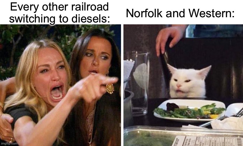 Smudge the cat | Every other railroad switching to diesels:; Norfolk and Western: | image tagged in smudge the cat | made w/ Imgflip meme maker