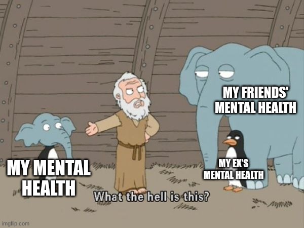 What the hell is this? |  MY FRIENDS' MENTAL HEALTH; MY EX'S MENTAL HEALTH; MY MENTAL HEALTH | image tagged in what the hell is this,my ex,my mental health,what my friends think i do,why the hell are you reading this | made w/ Imgflip meme maker