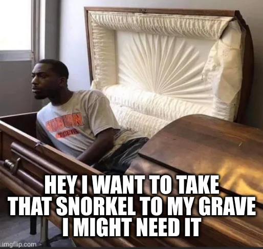 Coffin | HEY I WANT TO TAKE THAT SNORKEL TO MY GRAVE
I MIGHT NEED IT | image tagged in coffin | made w/ Imgflip meme maker