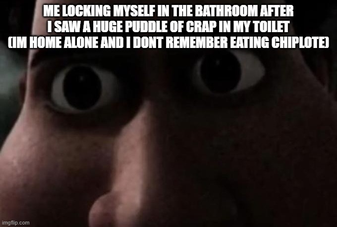 be the ME in meme | ME LOCKING MYSELF IN THE BATHROOM AFTER I SAW A HUGE PUDDLE OF CRAP IN MY TOILET (IM HOME ALONE AND I DONT REMEMBER EATING CHIPLOTE) | image tagged in titan stare | made w/ Imgflip meme maker