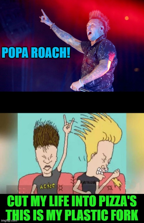 Poppa Roach | POPA ROACH! CUT MY LIFE INTO PIZZA'S THIS IS MY PLASTIC FORK | image tagged in poppa roach,bevis and butthead | made w/ Imgflip meme maker