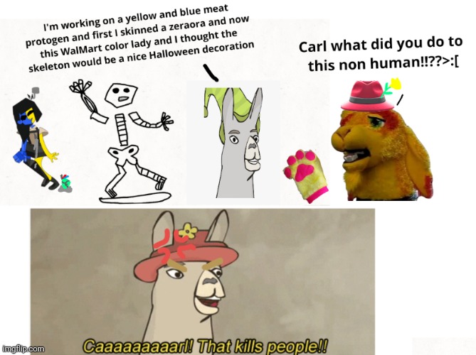 Caaaaaaarl you killed Ena for her skin and skeleton why carl? WHY!!?? | image tagged in ena,llamas with hats,why is the fbi here | made w/ Imgflip meme maker