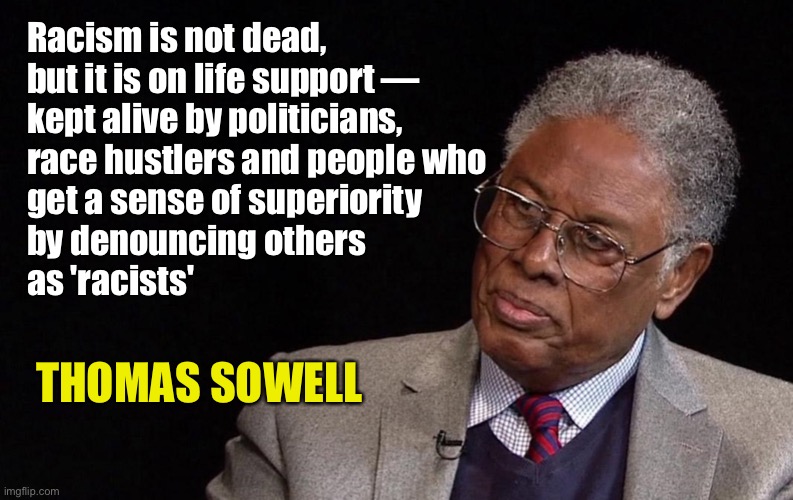 Thomas Sowell - Racism | Racism is not dead,
but it is on life support —
kept alive by politicians,
race hustlers and people who
get a sense of superiority
by denouncing others
as 'racists'; THOMAS SOWELL | image tagged in sowell,racism | made w/ Imgflip meme maker
