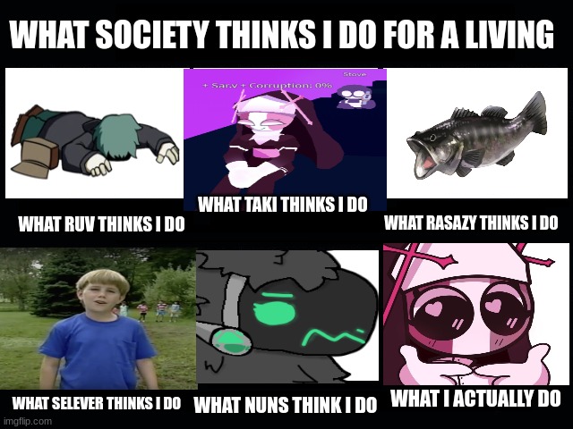 S a r v e n t e |  WHAT SOCIETY THINKS I DO FOR A LIVING; WHAT TAKI THINKS I DO; WHAT RUV THINKS I DO; WHAT RASAZY THINKS I DO; WHAT I ACTUALLY DO; WHAT SELEVER THINKS I DO; WHAT NUNS THINK I DO | image tagged in what my friends think i do | made w/ Imgflip meme maker
