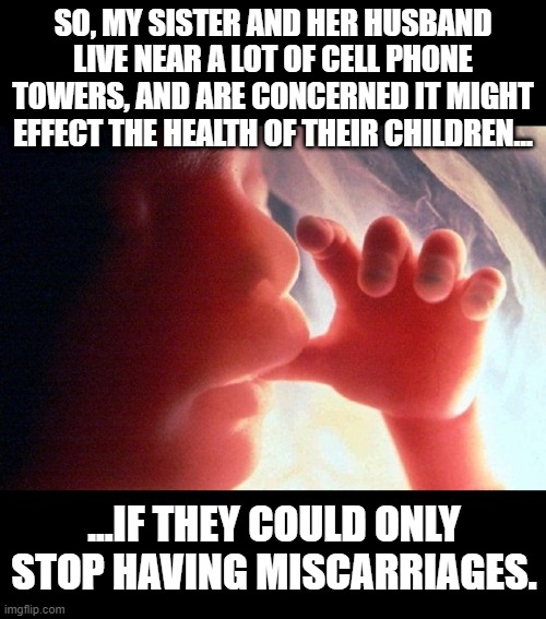 No Kids | SO, MY SISTER AND HER HUSBAND LIVE NEAR A LOT OF CELL PHONE TOWERS, AND ARE CONCERNED IT MIGHT EFFECT THE HEALTH OF THEIR CHILDREN... ...IF THEY COULD ONLY STOP HAVING MISCARRIAGES. | image tagged in abortion | made w/ Imgflip meme maker