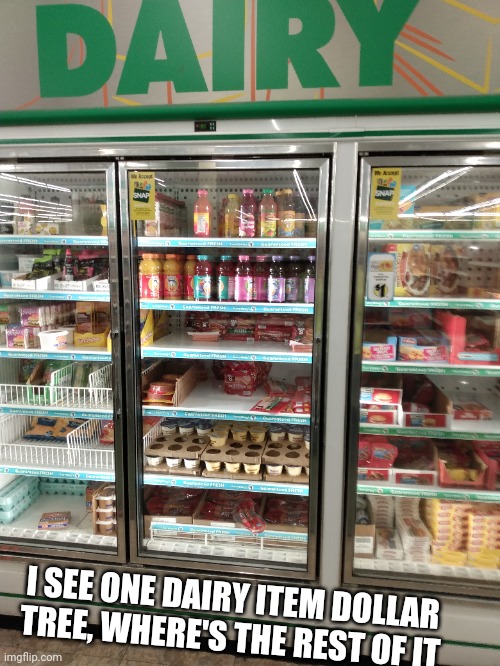 What's with ur dairy section | I SEE ONE DAIRY ITEM DOLLAR TREE, WHERE'S THE REST OF IT | image tagged in dollar tree,dairy,you had one job | made w/ Imgflip meme maker