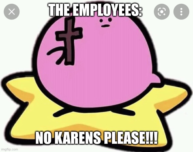 Kirby will never forgive your sin | THE EMPLOYEES: NO KARENS PLEASE!!! | image tagged in kirby will never forgive your sin | made w/ Imgflip meme maker