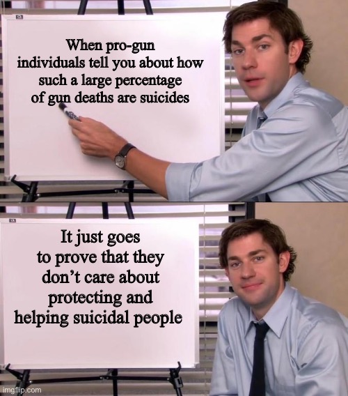 I’m glad my suicidal European friend has one less way to harm themself | When pro-gun individuals tell you about how such a large percentage of gun deaths are suicides; It just goes to prove that they don’t care about protecting and helping suicidal people | image tagged in jim halpert explains | made w/ Imgflip meme maker