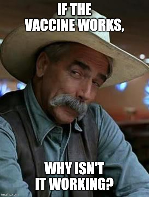 If the vaccine works.. | IF THE VACCINE WORKS, WHY ISN'T IT WORKING? | image tagged in sam elliott | made w/ Imgflip meme maker