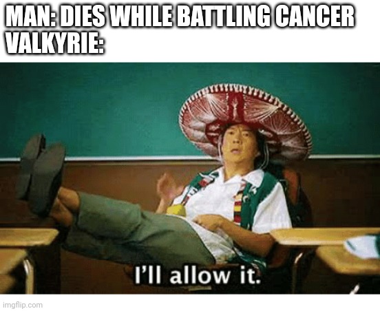 Haven't posted here in a long time | MAN: DIES WHILE BATTLING CANCER
VALKYRIE: | image tagged in i ll allow it | made w/ Imgflip meme maker