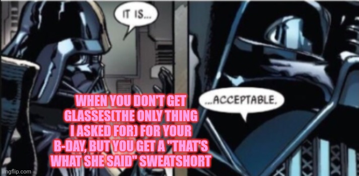 Hmm, it's good I guess | WHEN YOU DON'T GET GLASSES(THE ONLY THING I ASKED FOR) FOR YOUR B-DAY, BUT YOU GET A "THAT'S WHAT SHE SAID" SWEATSHORT | image tagged in it is acceptable | made w/ Imgflip meme maker