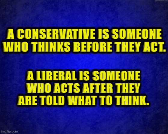 Conservatives vs. liberals | A CONSERVATIVE IS SOMEONE WHO THINKS BEFORE THEY ACT. A LIBERAL IS SOMEONE WHO ACTS AFTER THEY ARE TOLD WHAT TO THINK. | image tagged in blue background,liberals,conservatives,liberal vs conservative,memes,liberal logic | made w/ Imgflip meme maker