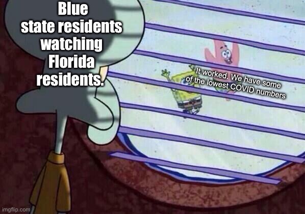 These poor Floridians didn’t follow our science. | Blue state residents watching Florida residents. It worked. We have some of the lowest COVID numbers | image tagged in squidward window,memes,politics lol | made w/ Imgflip meme maker