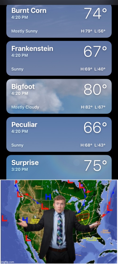 My iPhone isn't a tool, it's a toy... | image tagged in confused weatherman,funny city names | made w/ Imgflip meme maker