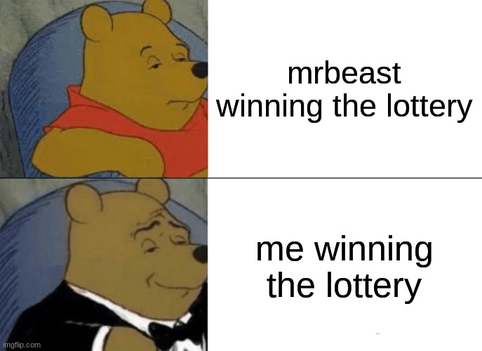Tuxedo Winnie The Pooh | mrbeast winning the lottery; me winning the lottery | image tagged in memes,tuxedo winnie the pooh | made w/ Imgflip meme maker