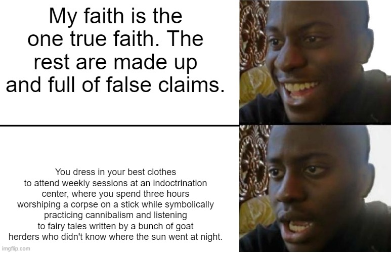 Faith Is Fake | My faith is the one true faith. The rest are made up and full of false claims. You dress in your best clothes to attend weekly sessions at an indoctrination center, where you spend three hours worshiping a corpse on a stick while symbolically practicing cannibalism and listening to fairy tales written by a bunch of goat herders who didn't know where the sun went at night. | image tagged in disappointed black guy | made w/ Imgflip meme maker