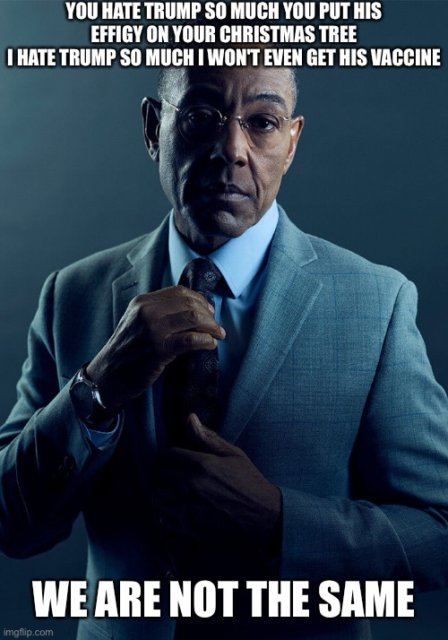 Take that, Donnie! | YOU HATE TRUMP SO MUCH YOU PUT HIS EFFIGY ON YOUR CHRISTMAS TREE
I HATE TRUMP SO MUCH I WON'T EVEN GET HIS VACCINE; WE ARE NOT THE SAME | image tagged in gus fring we are not the same | made w/ Imgflip meme maker