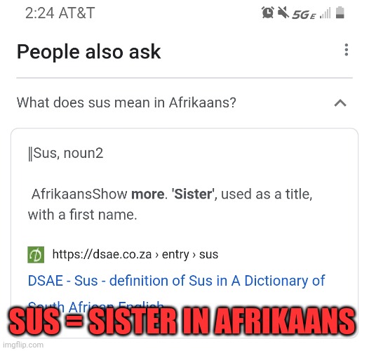 Sus | SUS = SISTER IN AFRIKAANS | image tagged in everyone is sus,sus,amongus,amogus | made w/ Imgflip meme maker