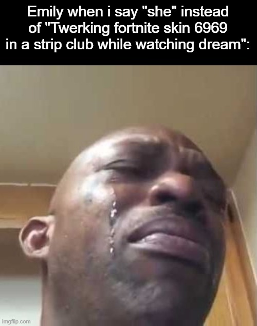Crying Black Guy | Emily when i say "she" instead of "Twerking fortnite skin 6969 in a strip club while watching dream": | image tagged in crying black guy | made w/ Imgflip meme maker