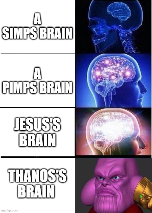 Thanos is god |  A SIMPS BRAIN; A PIMPS BRAIN; JESUS'S BRAIN; THANOS'S BRAIN | image tagged in memes,expanding brain,thanos,guardians of the galaxy,pimp,simp | made w/ Imgflip meme maker