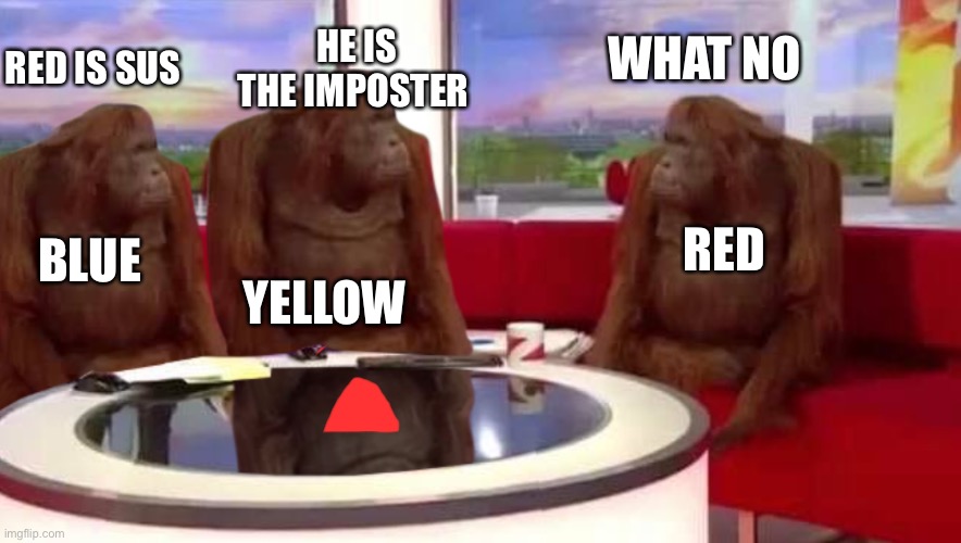 where monkey | RED IS SUS; HE IS THE IMPOSTER; WHAT NO; YELLOW; BLUE; RED | image tagged in where monkey | made w/ Imgflip meme maker