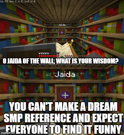 O Jaida of the Wall | O JAIDA OF THE WALL, WHAT IS YOUR WISDOM? YOU CAN'T MAKE A DREAM SMP REFERENCE AND EXPECT EVERYONE TO FIND IT FUNNY | image tagged in minecraft,dream smp | made w/ Imgflip meme maker