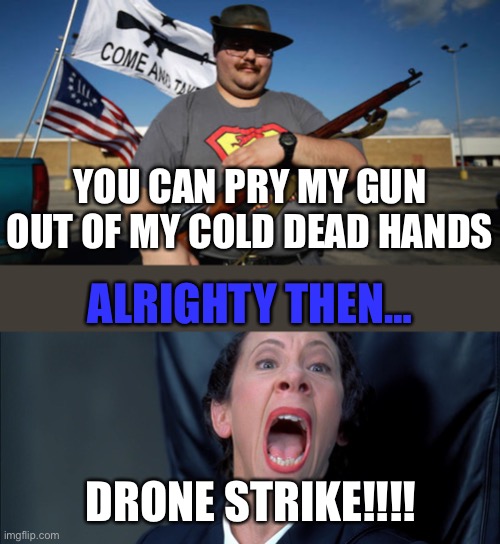 YOU CAN PRY MY GUN OUT OF MY COLD DEAD HANDS; ALRIGHTY THEN…; DRONE STRIKE!!!! | image tagged in gun nut,frau farbissina | made w/ Imgflip meme maker