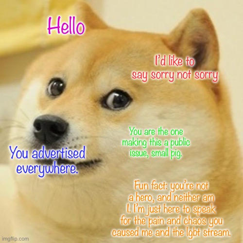 You’re here to stop BS? Stop yourself, Pig. Go ahead and ban me. I speak for my pride the pride of my friends. | Hello; I’d like to say sorry not sorry; You are the one making this a public issue, small pig. You advertised everywhere. Fun fact: you’re not a hero, and neither am I. I’m just here to speak for the pain and chaos you caused me and the lgbt stream. | image tagged in memes,lgbt | made w/ Imgflip meme maker