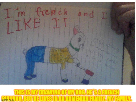 THIS IS MY DRAWING OF MY DOG. HE´S A FRENCH BULLDOG, BUT HE LIVES IN AN ARMENIAN FAMILY. MY FAMILY. | made w/ Imgflip meme maker
