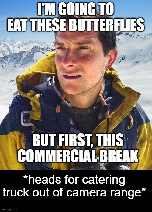 Bear Grylls Meme | I'M GOING TO EAT THESE BUTTERFLIES BUT FIRST, THIS COMMERCIAL BREAK *heads for catering truck out of camera range* | image tagged in memes,bear grylls | made w/ Imgflip meme maker