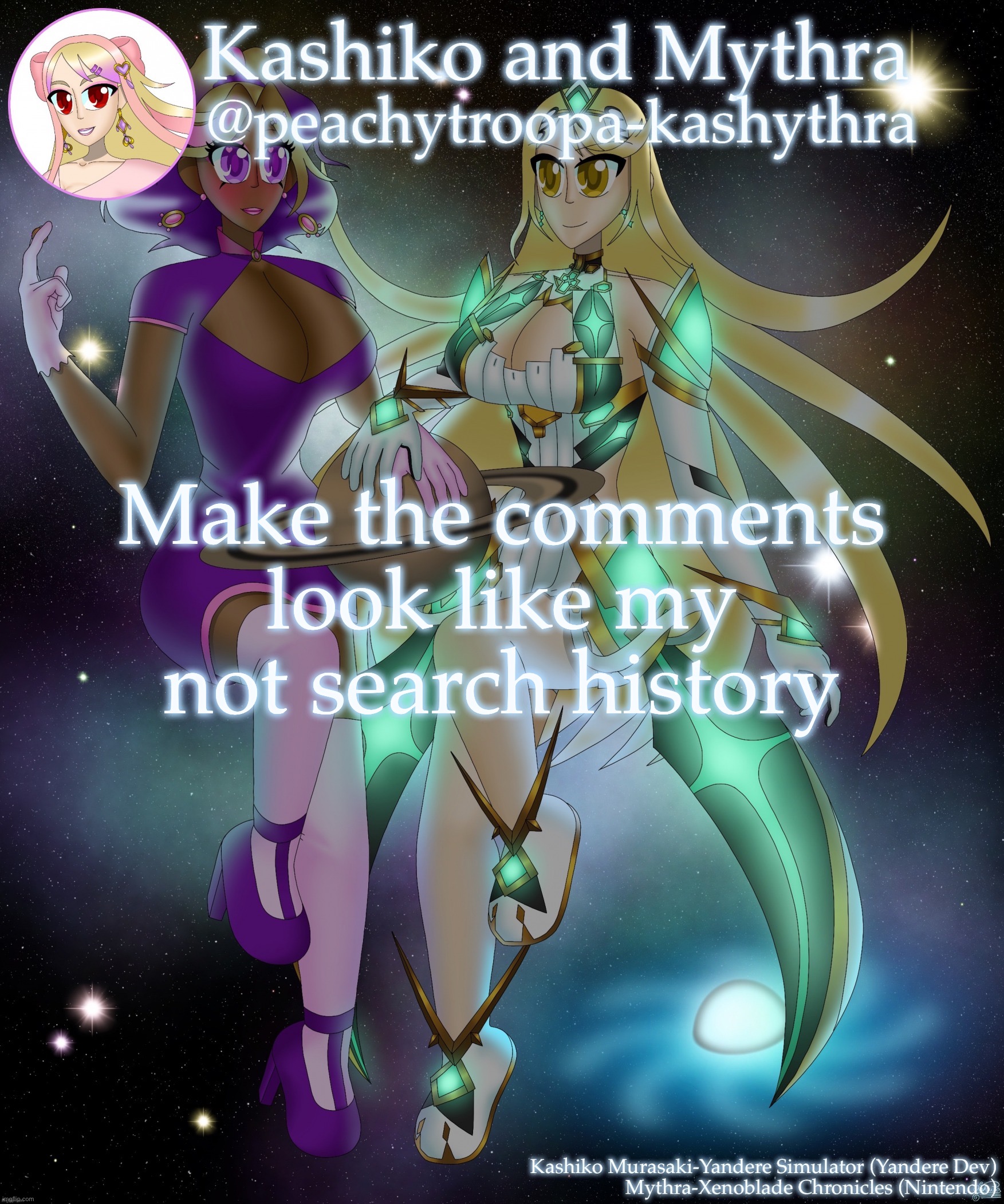 Kashiko Murasaki and Mythra | Make the comments look like my not search history | image tagged in kashiko murasaki and mythra | made w/ Imgflip meme maker