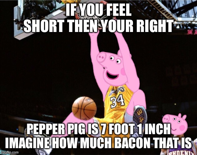 IF YOU FEEL SHORT THEN YOUR RIGHT; PEPPER PIG IS 7 FOOT 1 INCH IMAGINE HOW MUCH BACON THAT IS | image tagged in peppa pig,memes,funny,basketball,bacon,barney will eat all of your delectable biscuits | made w/ Imgflip meme maker