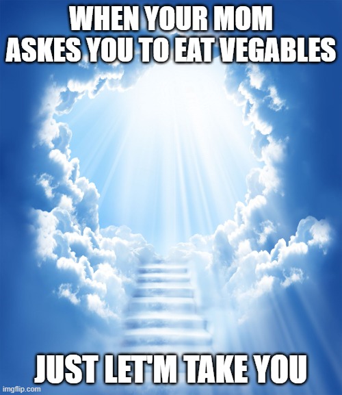 Heaven | WHEN YOUR MOM ASKES YOU TO EAT VEGABLES; JUST LET'M TAKE YOU | image tagged in heaven | made w/ Imgflip meme maker